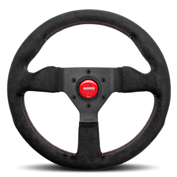 MOMO MONTECARLO STEERING WHEEL - BLACK ALCANTARA RED STITCHING BLACK SPOKES 320MM